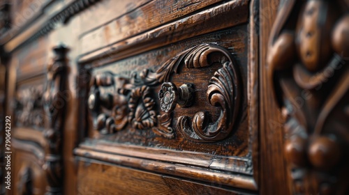 Close-up of a vintage wooden cabinet, its rich details highlighting artisan craftsmanship