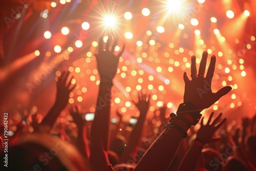 crowd at concert, silhouettes of happy people raising up hands, crowd of people at concert with hands up, bright stage lights