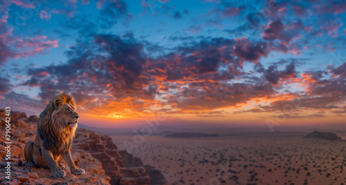 A lion sitting atop a narrow pillar of stone  gazing out over a vast desert landscape under a pastel-hued sky