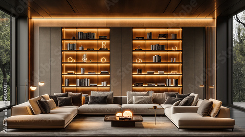 Interior of dark living room with couch, shelving units and glowing lamps.