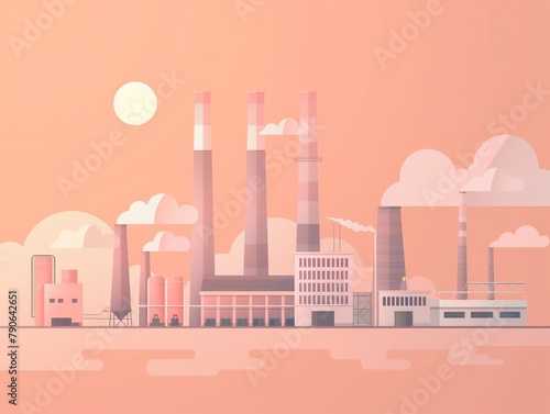 Stylized illustration of an industrial complex against a warm sunset sky.