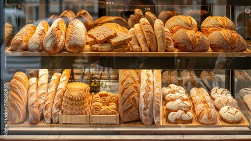 Outside view of the bakery glass showcase. Freshly baked bread, rolls, cookies 
