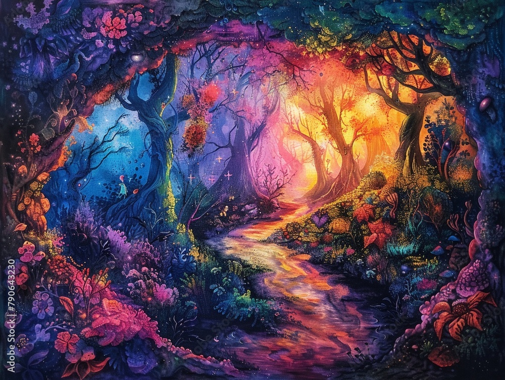 Fototapeta premium Enchanted forest with mystical creatures, a hidden path leading to unknown adventures