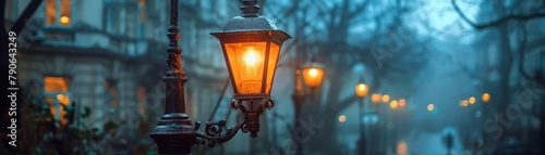 Gas lanterns lighting a Victorian street, fog and mystery, historical depth  photo