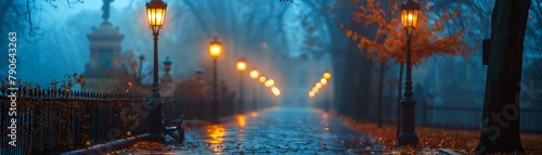 Gas lanterns lighting a Victorian street, fog and mystery, historical depth  photo