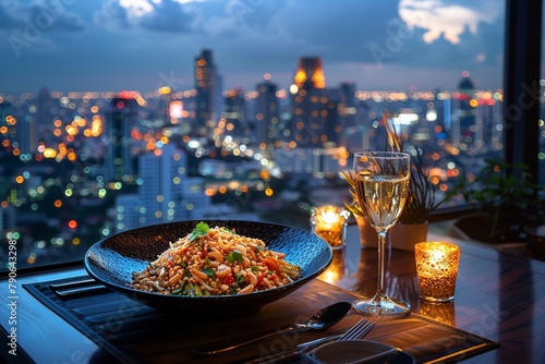 Khao Pad served on a Bangkok rooftop, city lights, and flavors, unforgettable night photo