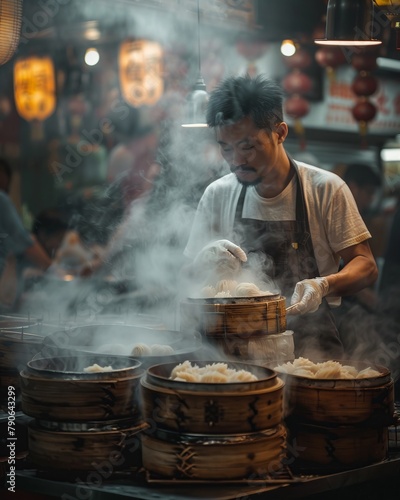 Lo Mai Gai being prepared in a bustling Hong Kong market, steam and stories photo