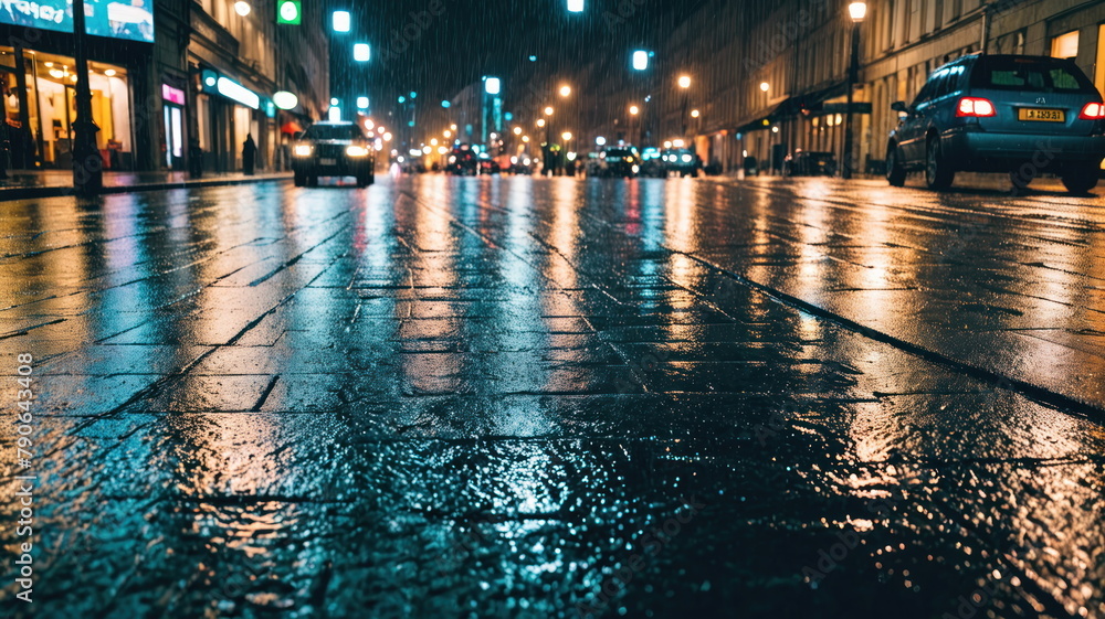 night city during the rain, view from the road surface level night city during the rain, view from the road surface level