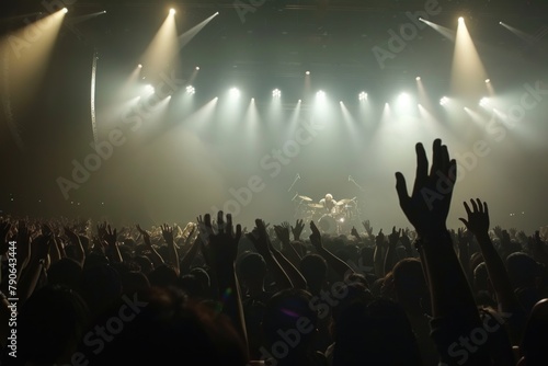 crowd at concert, silhouettes of happy people raising up hands, crowd of people at concert with hands up, bright stage lights