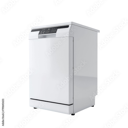 A white dishwasher with a black control panel and a stainless steel interior.