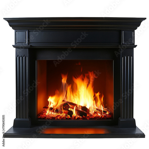 Black fireplace with bright burning fire inside