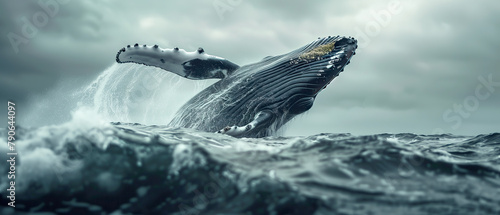 A majestic humpback whale breaching the surface of the ocean © OHMAl2T