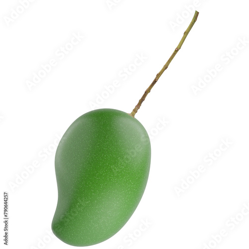Green sour mango with stem isolated white background