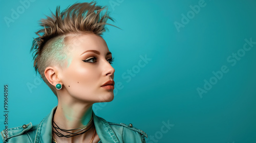Fashionable woman with a modern punk hairstyle and makeup against a teal background. photo