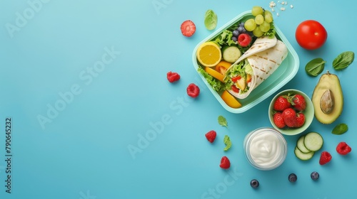 lunch box on a bright blue background showcasing a well balanced meal of fruits