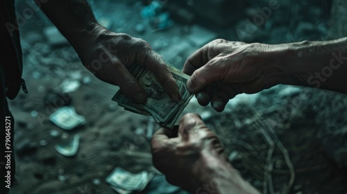 A close-up of hands exchanging stolen goods and money in a dark, secluded area