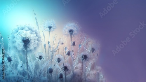 Beautiful drop of water on dandelion flower seed macro in nature. Beautiful deep rich blue and turquoise background  free space for text. Bright colorful expressive artistic form of the image. .Copy s