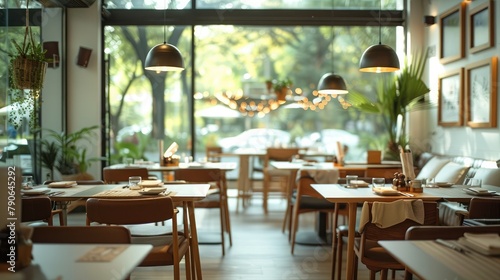 The interior design of the restaurant space is contemporary, focusing on simplicity, warmth, comfort and closeness to nature. Generative AI. photo