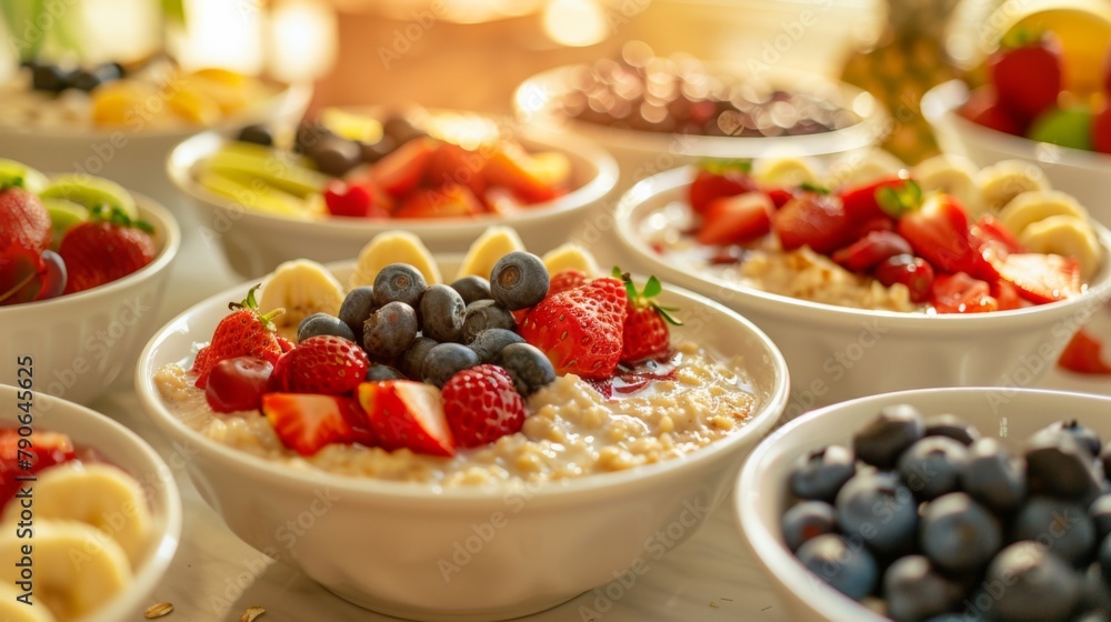 breakfast scene featuring several bowls of oatmeal topped with vibrant fruits breakfast scene featuring several bowls of oatmeal topped with vibrant fruits