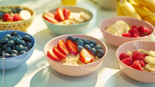 breakfast scene featuring several bowls of oatmeal topped with vibrant fruits