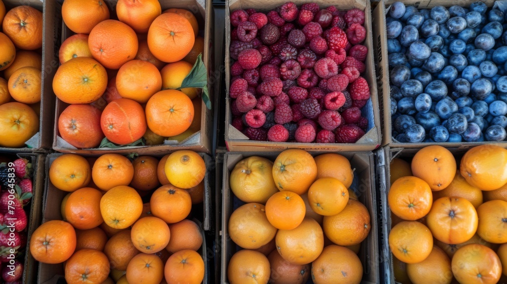 Bins overflowing with plump berries, oranges and exotic fruits stacked at a cheerful market