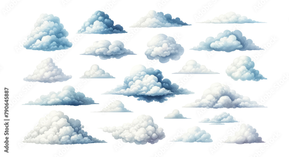 Assorted fluffy cumulus clouds set against a clear sky, ideal for weather forecasting graphics, air travel themes, and daydreaming concepts - obrazy, fototapety, plakaty 