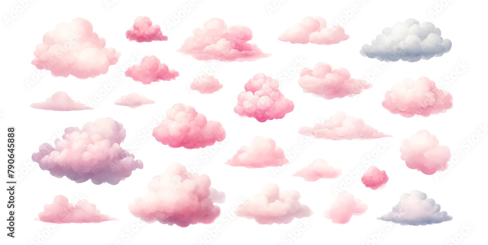 Assorted pink and white fluffy clouds set isolated on a white background, ideal for baby shower decor or dreamy design elements Assorted pink and white fluffy clouds set isolated on a white background, ideal for baby shower decor or dreamy design elements