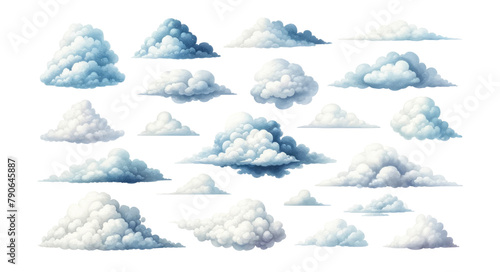 Assorted fluffy cumulus clouds set against a clear sky, ideal for weather forecasting graphics, air travel themes, and daydreaming concepts