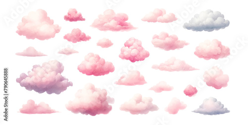 Assorted pink and white fluffy clouds set isolated on a white background, ideal for baby shower decor or dreamy design elements
