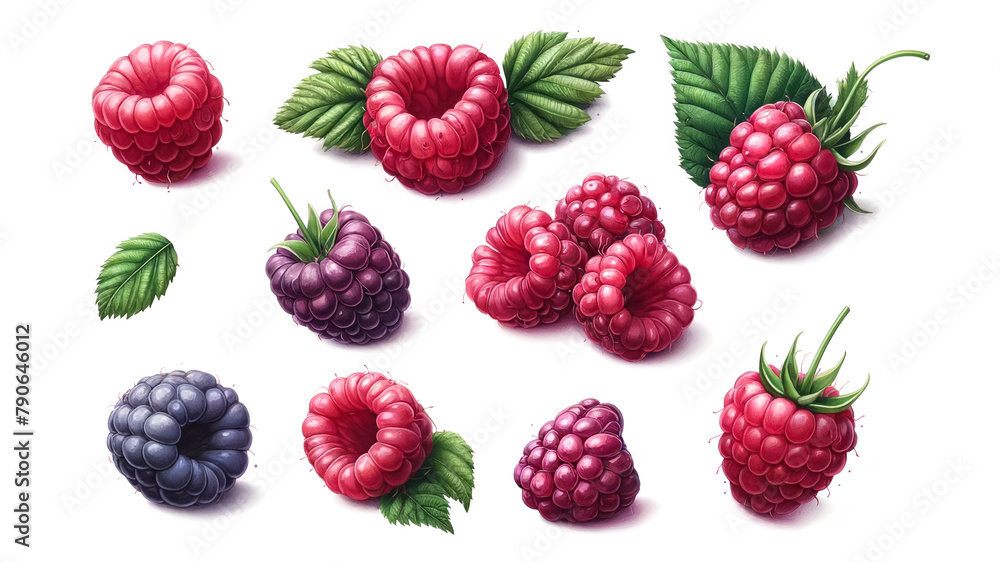 Assortment of ripe red raspberries and blackberries with green leaves isolated on white, perfect for healthy eating and summer season concepts Assortment of ripe red raspberries and blackberries with green leaves isolated on white, perfect for healthy eating and summer season concepts