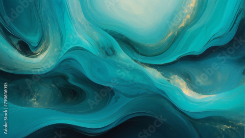 Surreal abstract texture with a gradient of vivid teal, turquoise, and aquamarine colors, accented by glowing elements.
