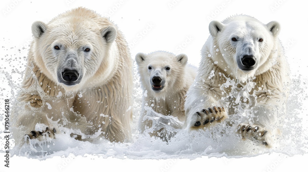 Family of polar bears close up, wild animals concept, white background, banner Family of polar bears close up, wild animals concept, white background, banner
