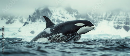 A magnificent orca breaching dramatically in the ocean