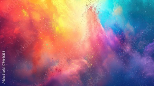 Vibrant powder burst against a clean backdrop Rainbow hued cloud formation Burst of colorful particles Holi paint celebration