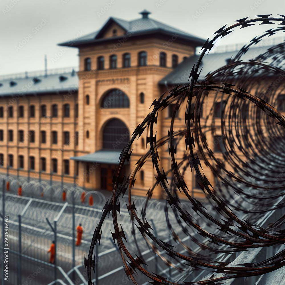 Barbed wire on the background of a prison