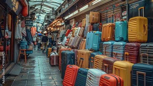 A store selling luggage and backpacks, with rows of different colored suitcases lined up on the ground outside. Generative AI. photo