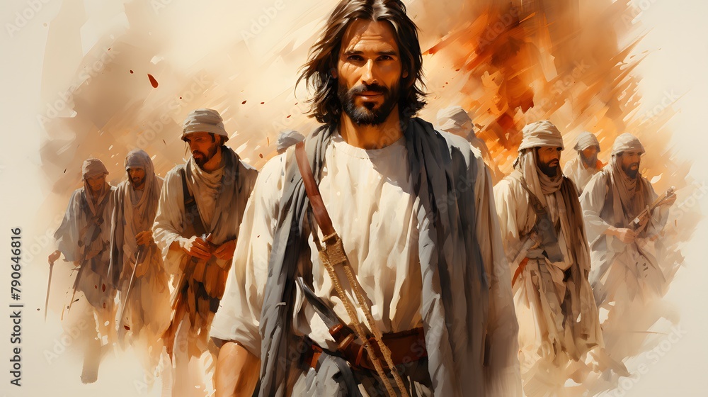 Jesus and his disciples, digital watercolor painting.