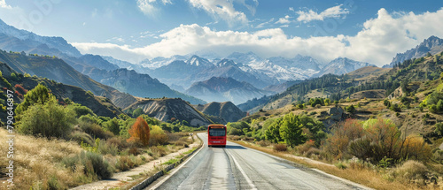 A large bus filled with tourists navigating winding roads through picturesque mountain landscapes on vacation. photo