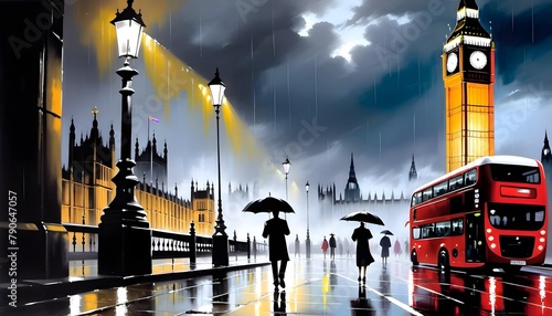 A vibrant digital artwork depicting a rainy evening in London with iconic landmarks like the Big Ben and a red double-decker bus, along with people carrying umbrellas.