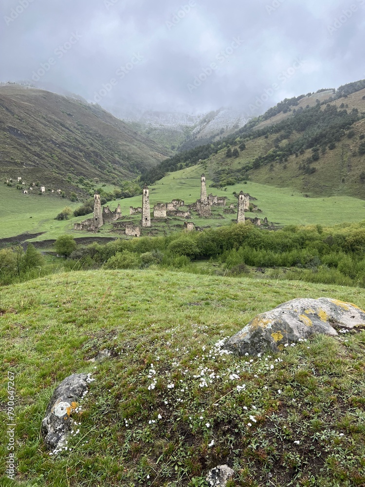 View of the medieval Targim tower complex in the Caucasus mountains surrounded by greenery. The Caucasus Mountains on a cloudy day in Ingushetia. Russia