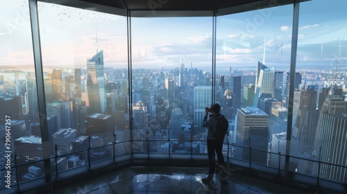 A traveler capturing a panoramic view of a bustling cityscape from the observation deck of a skyscraper.