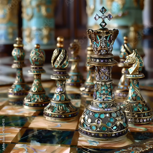Chessboard with original designer pieces, unique abstract design