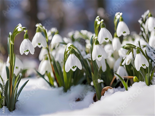 Snowdrop flowers in the snow, selective focus, blur, sunlight.
