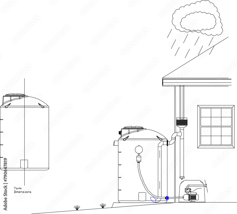 Vector sketch illustration of technical drawing design of water tank system workings Vector sketch illustration of technical drawing design of water tank system workings