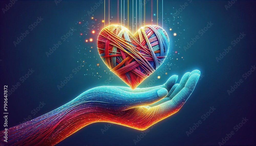 A colorful heart of intricate threads hovering above a radiant hand against a starry backdrop A colorful heart of intricate threads hovering above a radiant hand against a starry backdrop