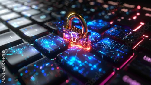 Close-up of a locked padlock on a computer keyboard, symbolizing data security, highlighted with a spot light