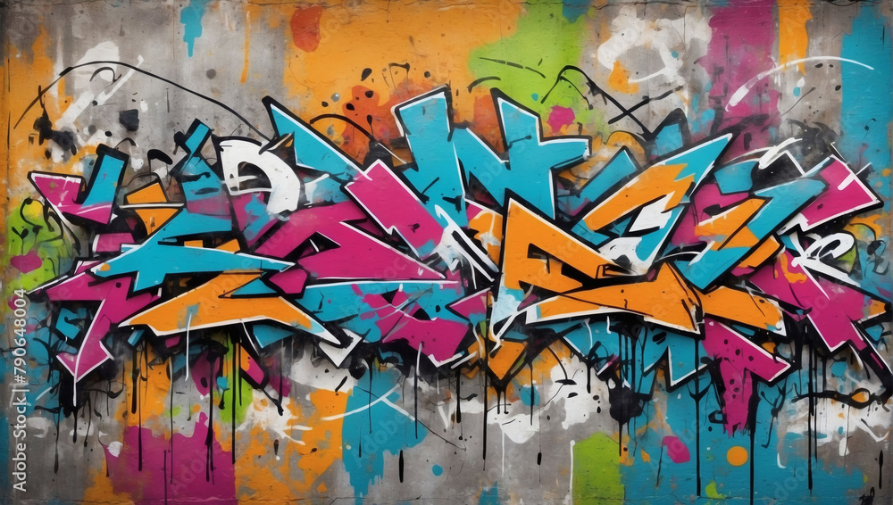 Weathered painted wall background with chaotic paint smudges and abstract graffiti markings.