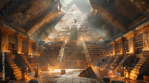An ancient library hidden within an Egyptian pyramid, filled with magical scrolls and mystical artifacts