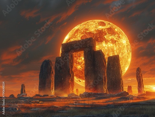 An ancient druid circle activating a portal to other worlds on the solstice, under the glow of a supermoon photo