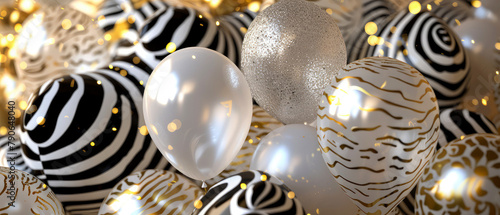 Celebrations background with glossy, helium balloons, golden confetti decoration. Zebra texture, stripes pattern. Holidays mockup. Birthday greeting card. Generative ai